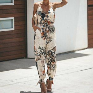 Floral Jumpsuit Side Slit Ankle Ties